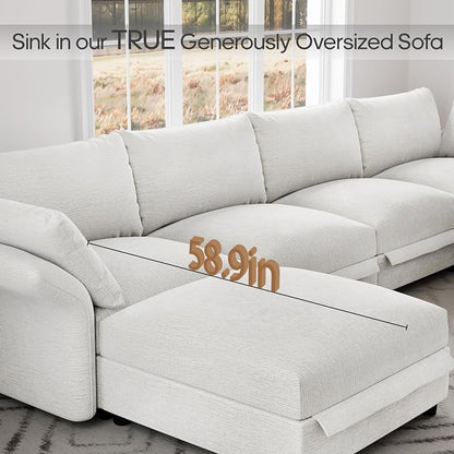 DreamDashio 126" Extra Large Sectional Sofa Cloud Couch with Storage Seat, L Shaped Deep Modular Couches for Living Room with Adjustable Arms, High Backs, 4 Seater, Beige Chenille