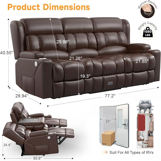 Dresegmt Loveseat Recliner Sofa, Flip Middle Backrest Design PU Leather 3 Seat Reclining Sofa with Storage Drawer, Manual Couch for Living Room (Brown)