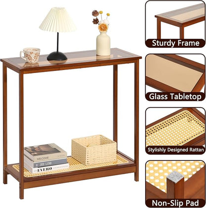Bamboo Narrow Console Table, 31.5"(L) Wood Small Entryway Table with Rattan and Glass, Accent Slim Hallway Tables, Thin Sofa Side Tables for Hallway, Living Room, Bedroom, Foyer, Walnut