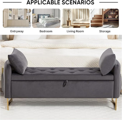 48" End of Bed Bench, Modern Storage Benches with Button-Tufted, Velvet Upholstered Storage Ottoman Bench for Foot of Bed with Arms, Gold Legs Window and Entryway, Dark Grey