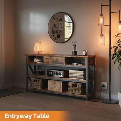 Mexin 47 Inch Console Table with 2 Outlet and 2 USB Ports, Entryway Table with Drawer and Storage Shelves, Narrow Sofa Table for Living Room and Hallway, Vintage Brown