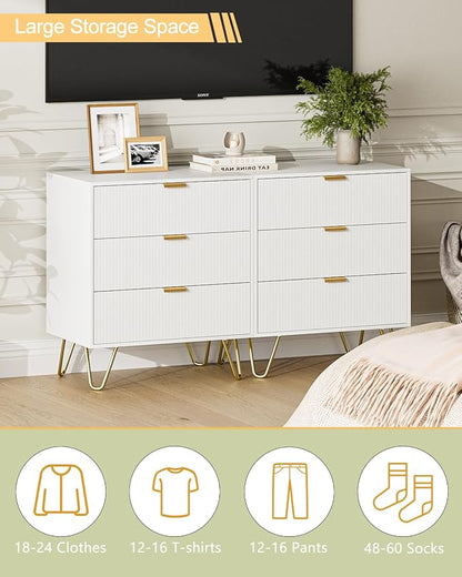 Fluted 3 Drawer Dresser for Bedroom, Modern Storage Bedroom Dresser Chest Cabinet Organizer with Anti-Tip Hardware for Living Room, Dressing Room, Kids Room, Office (White)