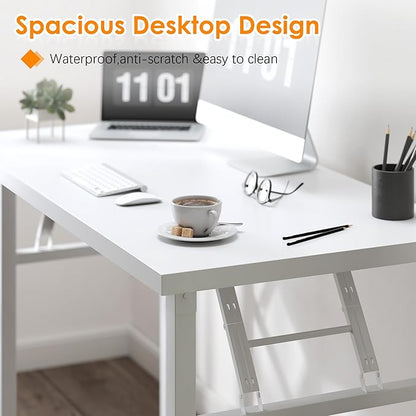 Need Folding Computer Desk, Large 62 inches Folding Table for Home Office, No Install Needed Foldable Writing Table Long Desk, Space-Saving, White