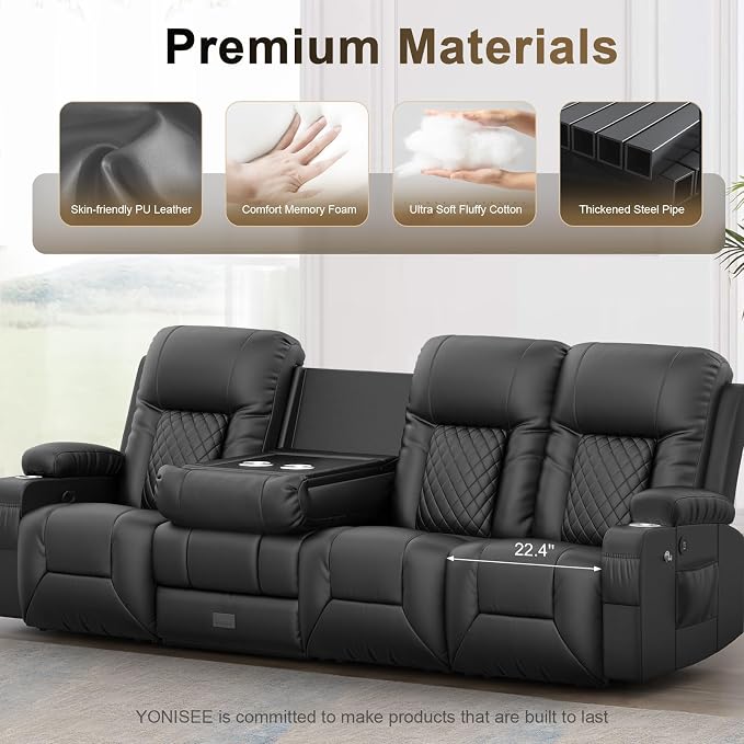 YONISEE 4 Seat Recliner Sofa with Flip Backrest Design, Loveseat Reclining Sofa with Storage Drawer, USB Ports, 2 Cell Phone Holder, Loveseat Recliner Couch for Living Room