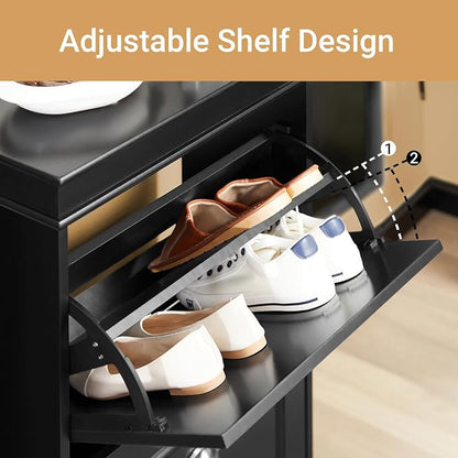 Haotian Small Shoe Cabinet, Black 2 Flip Drawers Freestanding Shoe Rack, Shoe Storage Cupboard Organizer (9.45" D x 20.87" W x 32.28" H), FSR78-SCH