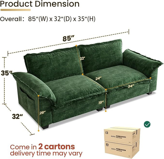 KKL 89 Inch Modular Sectional Sofa, 2 Seater Loveseat Cloud Couch with Deep Seat, Chenille Sectional Couches for Living Room, Apartment, Green