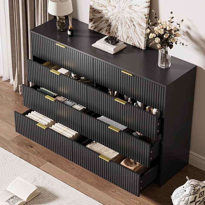 MAISONARIA 3-Piece Dresser Bedroom Set, 8 Drawer Dresser & 3 Drawer Nightstands with Gold Handles, Fluted Wood Chest of Drawers for Bedroom, Living Room, Entryway, Black