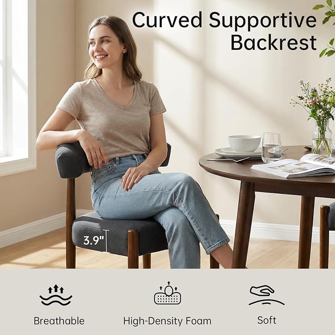 VKNOW Wooden Dining Chairs Set of 6, Modern Upholstered Dining Room Chairs with Walnut Wood Legs and Curved Backrest, Fabric Kitchen Chairs for Farmhouse/Living Room/Dining Room, Charcoal