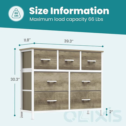 OLIXIS 7 Drawers Fabric Dresser for Bedroom, Storage Tower Organizer for Living Room & Entryway, Sturdy Steel Frame, Wooden Top & Easy-Pull Bins, Closet Chest for Clothes, Oak Greige