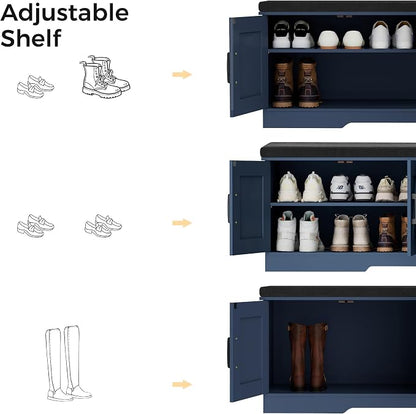 HOMSHO Farmhouse Shoe Storage Bench with 4 Barn Doors & Padded Seat Cushion | 47.2" Wide Entryway Bench with Adjustable Shelves & Hidden Storage, Blue