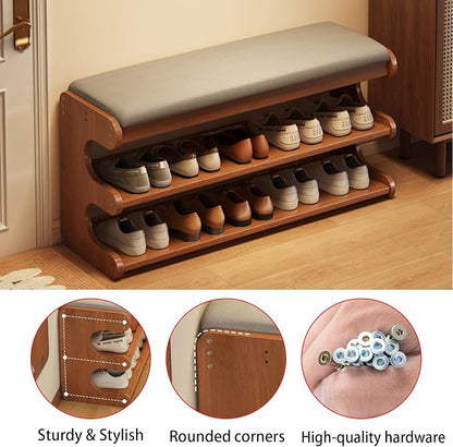 Shoe Rack Bench with Flip-Top Storage 3 Tiers Bamboo Entryway Bench Organizer with Linen Cushion for Hallway, Mudroom, Closet, Front Door Entrance, Foyer Walnut 60cm/23.62in