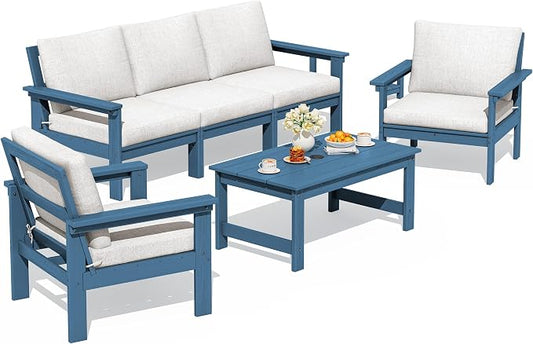 SERWALL HDPE Patio Conversation Set, 6-piece Sectional Outdoor Furniture Set, All Weather Outdoor Couch Set Patio Furniture Set for Deck, Lawn, Blue Frame with Beige Cushion