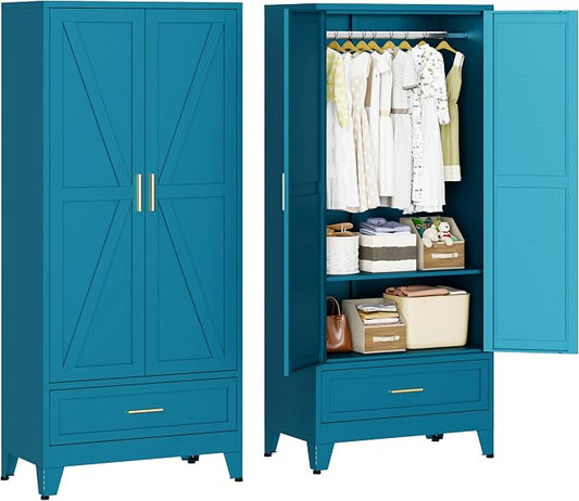 71" H Armoire Wardrobe Closet with 1 Drawer, Metal Wardrobe Closet with Doors and Adjustable Shelves, Wardrobe Cabinet with Hanging Rod, Closets for Bedroom, Laundry Room, Blue