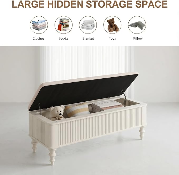 50.8-inch Multi-Functional Storage Ottoman Bench-Solid Rubberwood Bed End Bench with Linen Seat, Storage Bench for Bedroom, Entryway Shoe Organizer for Bedroom, Living Room, Entryway, Closet (Beige)