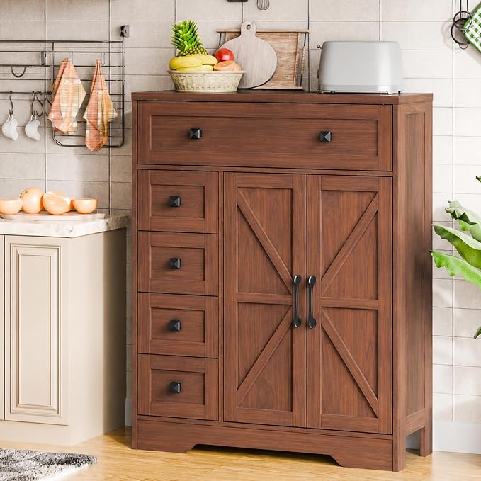 Vabches Farmhouse Storage Cabinet with 2 Doors and 5 Drawers, Freestanding Bathroom Cabinets Kitchen Pantry, Floor Storage Cabinet Hutch Cupboard for Living Room/Bathroom/Kitchen. Walnut