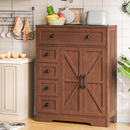 Vabches Farmhouse Storage Cabinet with 2 Doors and 5 Drawers, Freestanding Bathroom Cabinets Kitchen Pantry, Floor Storage Cabinet Hutch Cupboard for Living Room/Bathroom/Kitchen. Walnut