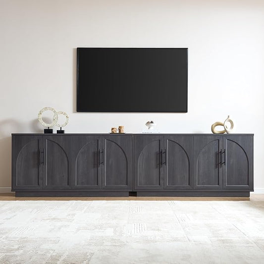Fatmok 59" Sideboard Buffet Cabinet & TV Stand Set of 2, Modern Arched Credenza with Adjustable Shelves and Long Metal Handles, Wood Console Coffee Bar Storage for Living Room, Black Grey