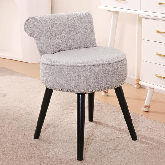 Vanity Chair with Back, Sherpa Stool with Tufted Backrest & Silver Nailhead Trim, Round Vanity Seat for Bedroom and Bathroom Makeup, Support 220lbs, Easy Assembly (Teddy Gray)