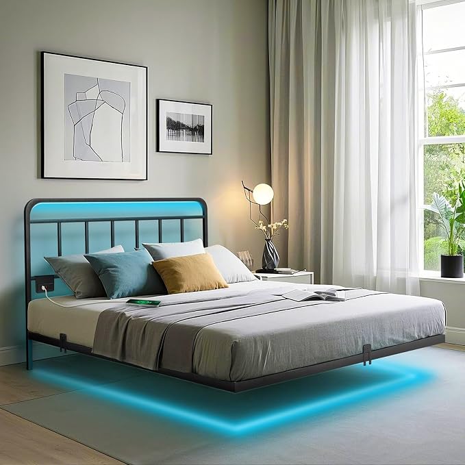 Floating Twin Size Platform Bed Frame with LED Lights & Charging Station - Includes Powered Screwdriver for Assembly, Mattress Fasteners & Corner Pads, Hardened Steel