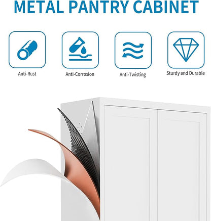 48" H White Steel Pantry Storage Cabinet with 3 Adjustable Shelves | 4-Tier Tall Metal Cabinets for Kitchen, Living Room, Garage, Heavy Duty Freestanding Utility Cabinet, Assembly Required