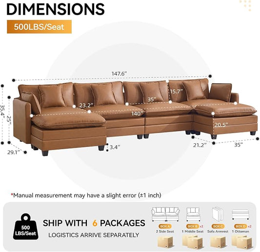 147'' Sectional Cloud Deep Seat Couch, Oversized Leather U Shaped Sectional Sofa for Living Room Set, Comfy Upholstered Modular Sectional Sofa Couch with Movable Ottoman, Leather Light Brown