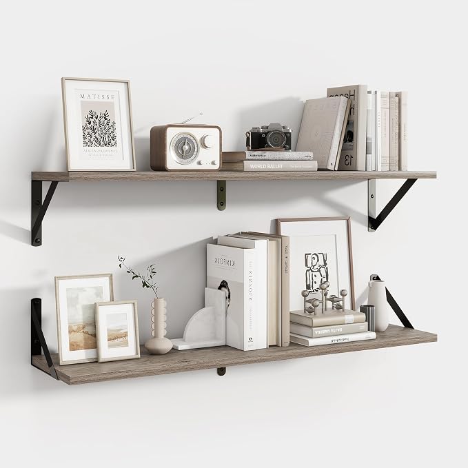 Axeman 32 Inch Floating Shelves | 8 Inch Deep Grey Wood Wall Shelves Set of 2 | 31.5" W x 8" D Rustic Grey Shelves for Bathroom Kitchen Living Room