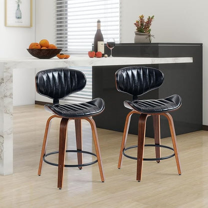 Bar Stools Set of 3, 24 inch PU Leather Wooden Bentwood Barstools Swivel Counter Height Modern Breakfast Bar Chairs with Backrest and Footrest for Kitchen Island, Dining Room D035-Black-3