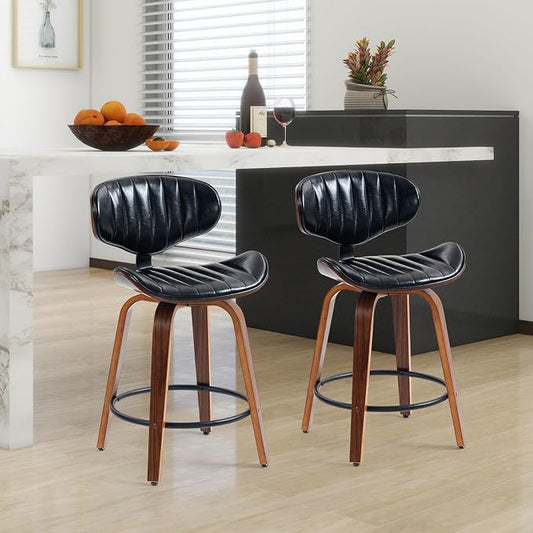 Bar Stools Set of 2, 24 inch PU Leather Wooden Bentwood Swivel Barstools Counter Height Modern Breakfast Bar Chairs with Backrest and Footrest for Kitchen Island, Dining Room D035-Black-2