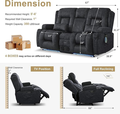 URRED Power Loveseat Recliner Sofa with Massage and Heat, Wall Hugger Reclining Loveseat with Console, RV Couch Home Theater Seating with LED Lights for Living Room (Dark Grey, 67" - 2 Seats)