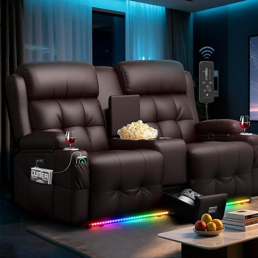 Loveseat Recliner Sofa, Home Theater Seating with Massage, Reclining Loveseats with Console, Wall Hugger RV Couch Movie Theater Chairs, RV Furniture Sofas with USB, Cup Holders, Drawer for Gaming Room