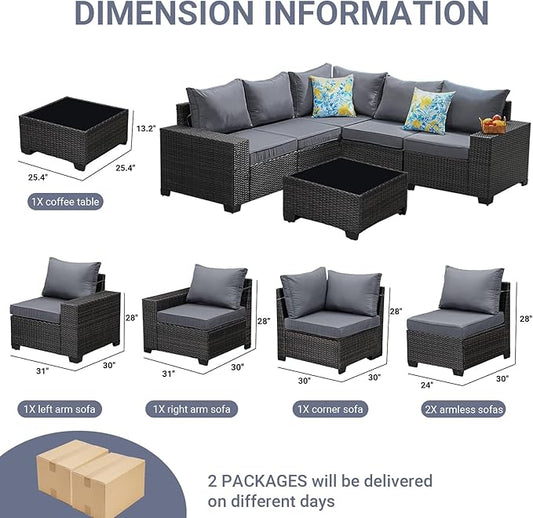 Jing's Villa 6-Piece Patio Furniture Set, All-Weather Outdoor Wicker Sectional Sofa with Cushions, Glass Table & Left and Right Armrest, Rattan Conversation Seating for Porch, Garden, Backyard,Grey