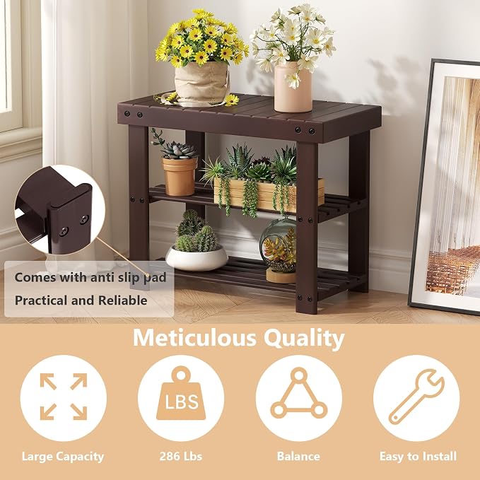 NEWBULIG Shoe Rack Bench, 3-Tier Bamboo Shoe Organizer, Wooden Entryway Storage Bench, 286 lb Load Capacity, 11.2x19.7x17.9 Inches, for Entryway Bathroom Bedroom Balcony, Brown