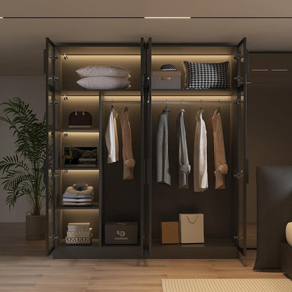 Wardrobe Cabinet with LED Light Strips, Modern Armoire Closet with Glass Doors, 59.1" W Large Bedroom Armoire Clothes Organizer with Shelve & Hanging Rods, Modern Glass Display Cabinet, Black