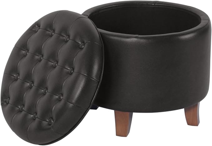 HomePop 19" Faux Leather Button Tufted Round Storage Ottoman - Black