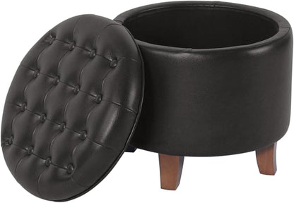 HomePop 19" Faux Leather Button Tufted Round Storage Ottoman - Black