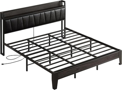 LIKIMIO King Bed Frame, PU Leather Storage Headboard with Charging Station, Solid and Stable, Noise Free, No Box Spring Needed, Easy Assembly, Black
