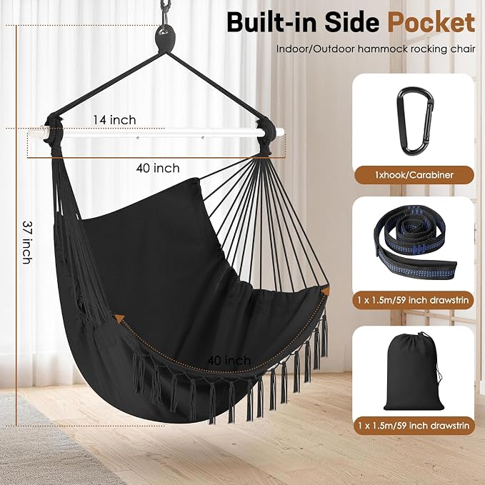 Hammock Chair Hanging Chair Heavy Duty 500 Lbs, Hanging Hammock Chair with Steel Spreader Bar & Adjustable Straps, Indoor Outdoor Hammock Swing for Bedroom Patio Porch Balcony Backyard Camping -Black