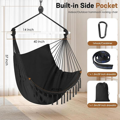 Hammock Chair Hanging Chair Heavy Duty 500 Lbs, Hanging Hammock Chair with Steel Spreader Bar & Adjustable Straps, Indoor Outdoor Hammock Swing for Bedroom Patio Porch Balcony Backyard Camping -Black