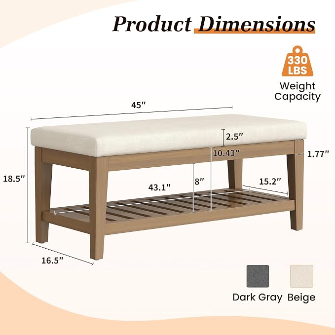 Apicizon 45" Shoe Rack Bench with Cushion, Solid Rubberwood Entryway Bench with Shoe Storage, Modern Chenille Upholstered Shoe Storage Bench for Hallway Bedroom Living Room Front Door Entrance, Beige