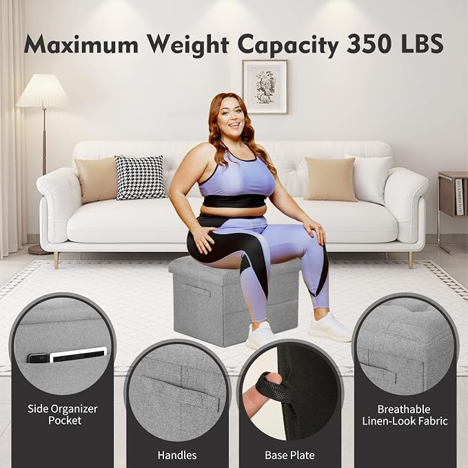 Folding Storage Ottoman, Linen Footstool Bench with Thicker Foam Padded Seat. Ottoman Foot Rest for Living Room, Bedroom, Home Office, Coffee Table. 350lbs Load Capacity, 17x13x13in, Light Gray