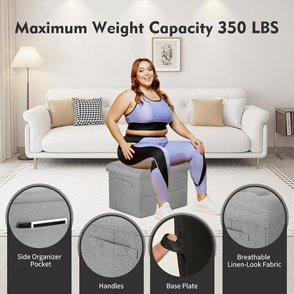 Folding Storage Ottoman, Linen Footstool Bench with Thicker Foam Padded Seat. Ottoman Foot Rest for Living Room, Bedroom, Home Office, Coffee Table. 350lbs Load Capacity, 17x13x13in, Light Gray
