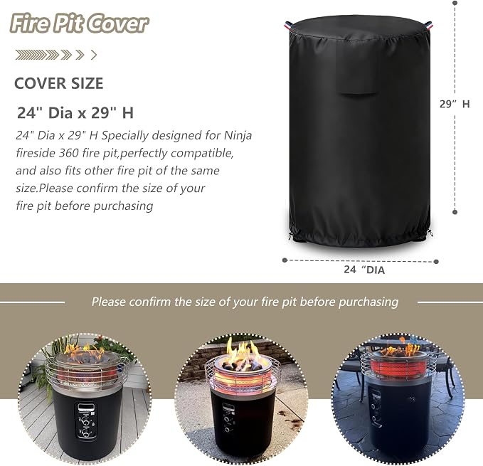 Fire Pit Covers for Ninja Fireside 360 Outdoor Heater & Fire Pit,Outdoor Heavy Duty 600D Waterproof Cover for Ninja Fireside 360 Outdoor Heater,24" Dia x 29" H,Black