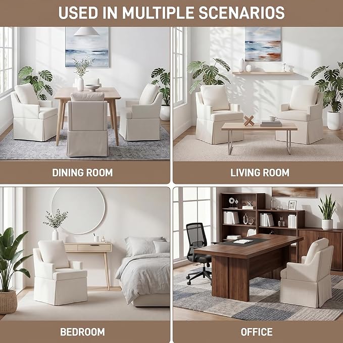 UVV Upholstered Dining Chairs Set of 6, Modern Kitchen Chair Dining Room Chair with 4 Casters, Linen Armchair for Bedroom Reading Room Living Room, Beige