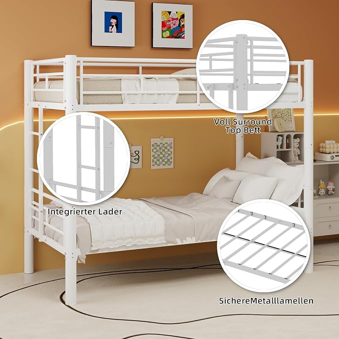 Bunk Bed Twin Over Twin, Metal Bunk Bed with Side Ladder and Safety Guardrail, Space-Saving Twin Bunk Beds for Kids, Teens & Adults, No Box Spring (Side Laddder, White)
