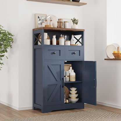 Befrases Farmhouse Blue Storage Cabinet with Barn Doors and Drawers, Small Freestanding Kitchen Pantry Cabinet, Hutch Cupboard for Kitchen, Laundry, Living Room,Bathroom