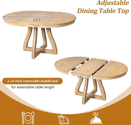 LUMISOL 42"-58" Extendable Round Dining Table for 4-6, Farmhouse Kitchen Table with 16” Middle Leaf and Curved Table Legs for Kitchen, Dining Room, Apartment, Natural Wood Wash