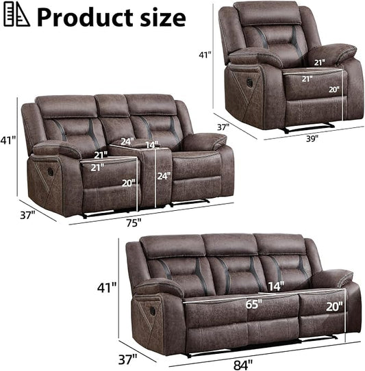EBELLO Faux Leather Recliner Sofa Furniture Set for Living Room, Recliner Chair, Manual Loveseat, 3 Seat Recliniing Sofa Couch Set for Meeting Room, Grey