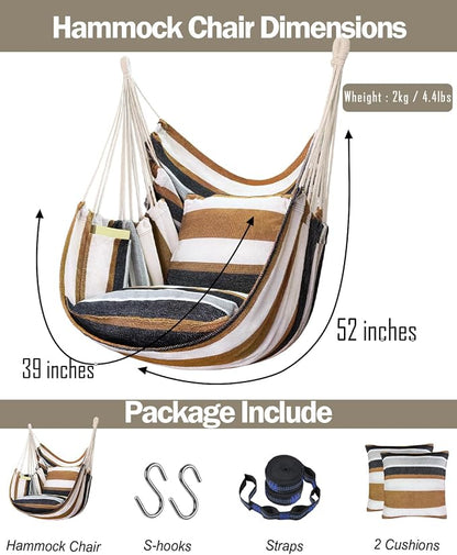 Halalona Hammock Chair Hanging Hammock Chair Rope Swing 2 Cushions Included-Sturdy & Durable Soft Cotton Hand Woven Hammock Swing for Bedroom, Porch, Patio-Indoor/Outdoor
