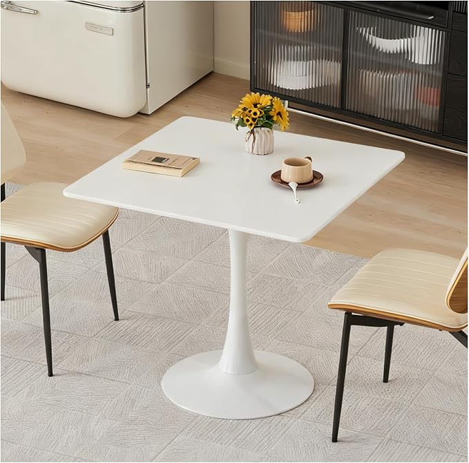 Square Dining Table, 31.5" Tulip Table with Thickened Tabletop & Metal Pedestal, Mid Century Modern Bistro Table for Kitchen, Small Places, Living Room, Cafe (White)
