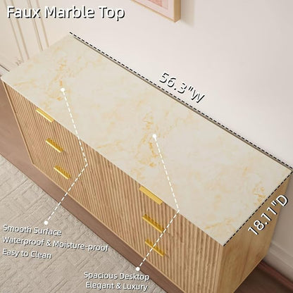 Fluted 6 Drawers Dresser for Bedroom with Faux Marble Top, 56" Wide Chest of Drawers Closet Clothes Storage Organizer, Modern TV Stand Dressers for Living Room, Hallway, Natural Oak